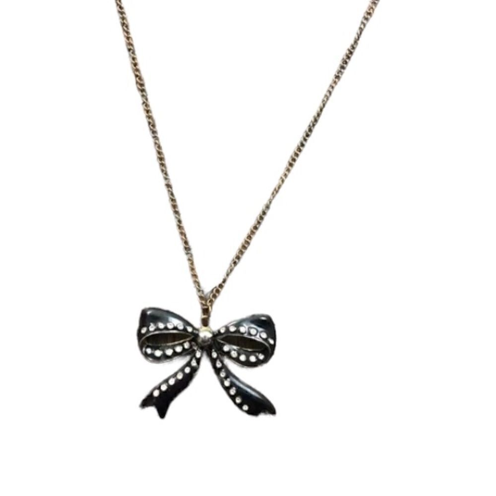 Black Rhinestone Bow Long Chain Necklace